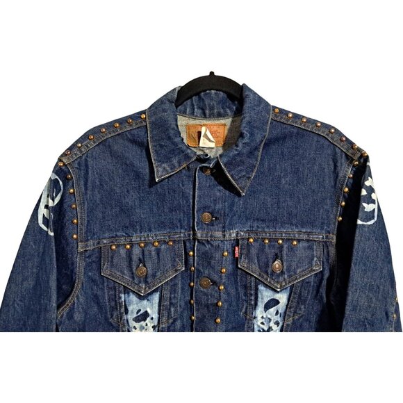 Vintage 80s Levi Trucker Jacket Metal Studs Bleached Boho Design USA SZ 44 Grung - Picture 4 of 10